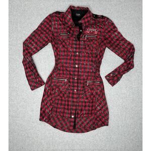Coogi Womens Holiday Dress Shirt Hem Red Plaid Snap Metallic Stripes Small